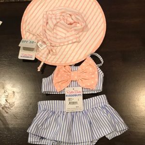 Baby girl 3-6 mo striped two piece swimsuit & hat